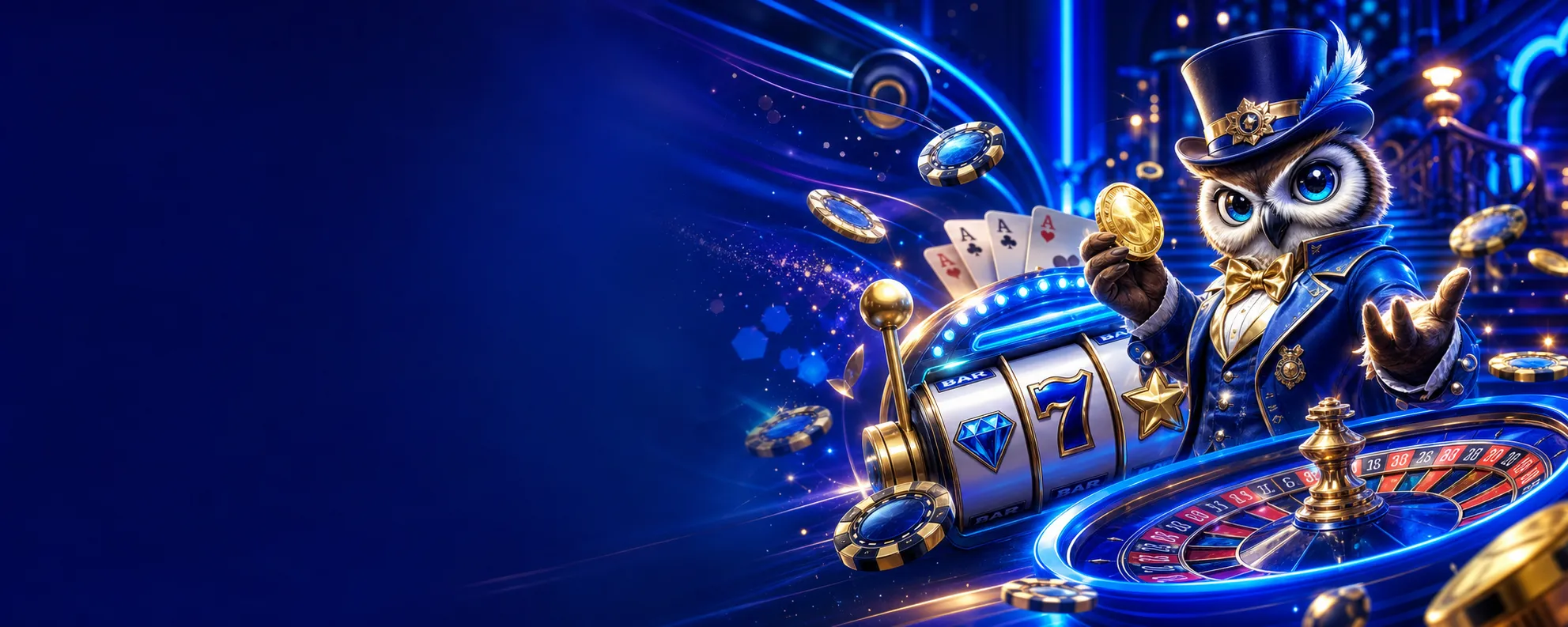 Premium HERO background with a deep electric blue theme, featuring casino elements on the right and a clean left side for con